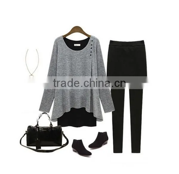 New design irregular two color fake two pcs long sleeve women wear loose T shirt water fall