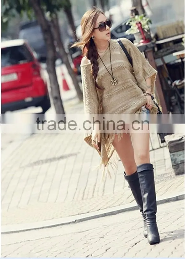 Spring smiles Korean style autumn and spring hollow out fashion solid khaki free size knit with tassel women sweater