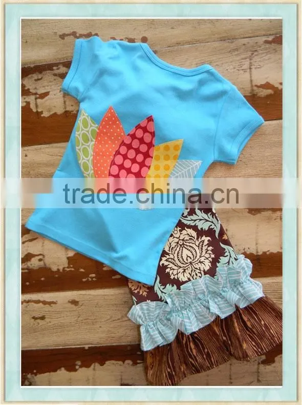Turkey Tail Set Double Ruffle Pants and Turkey Top Long or Short Slvd Applique Blue Shirt & Floral Ruffle Pant set 2016