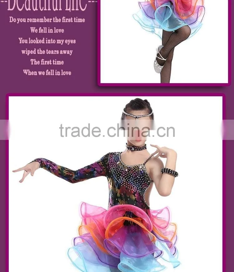 Girls Salsa Latin Performance Dresses Child Unequal Dance Dress Kids Fluorescent Rainbow Colored Ballroom Dresses