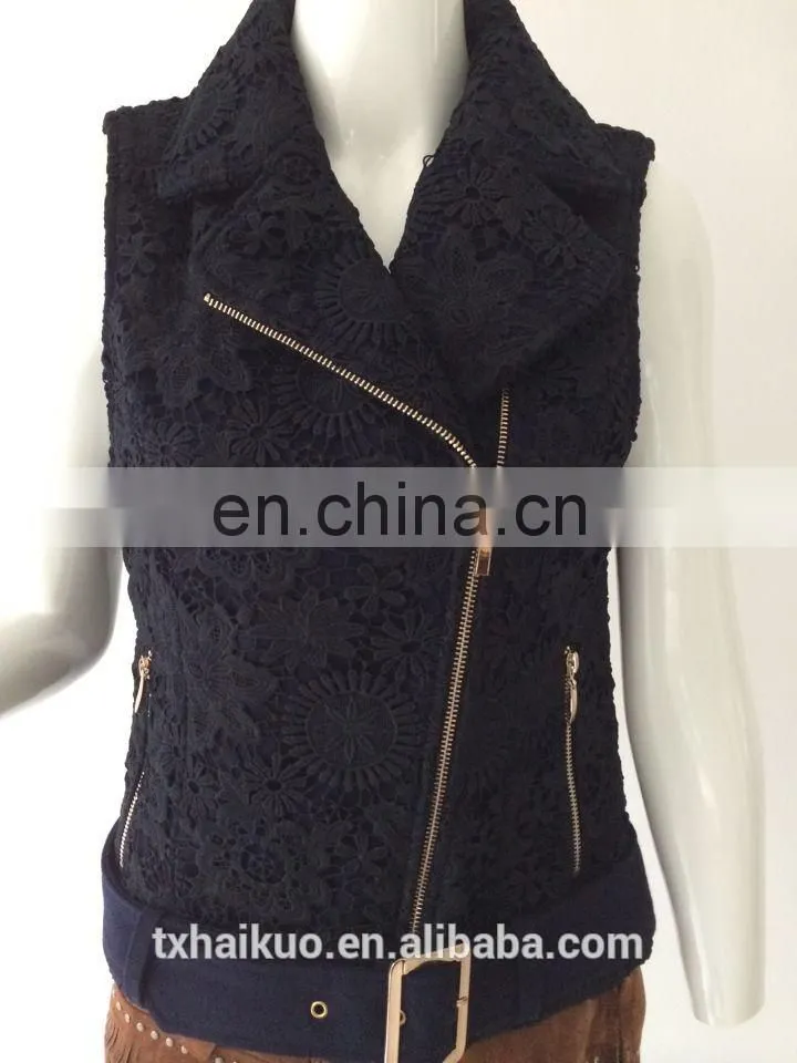 Ladies fashionable lapel sleeveless lace vest with belt