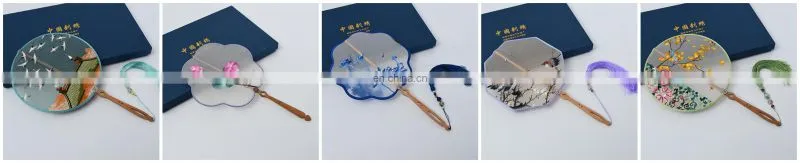 Chinese style multi-pattern silk embroidery handmade fan with wooden handle and tassel pendant