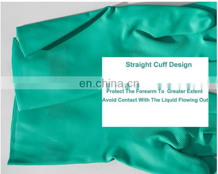 15 mil Long Cuff Flock Lined Green Nitrile Chemical Resistant Gloves for Work Safety
