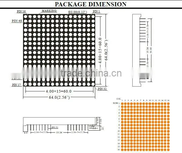 Through Hole DIP Red Green Blue Orange 64x64 dot matrix, 16*16 LED matrix display