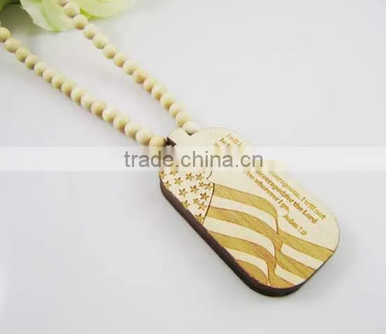 Hip-Hop Good Quality US Army Dog Tag Pendant Wooden Beaded Rosary Necklaces