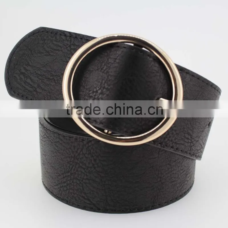 Women's fashion belt with black PU leather & Gold circle Buckle in chinese factory