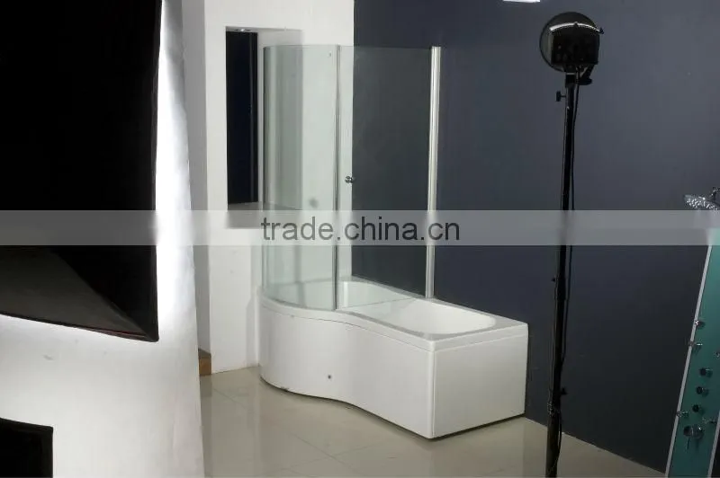 Acrylic solid surface white p shape shower bathtubs with glass panel