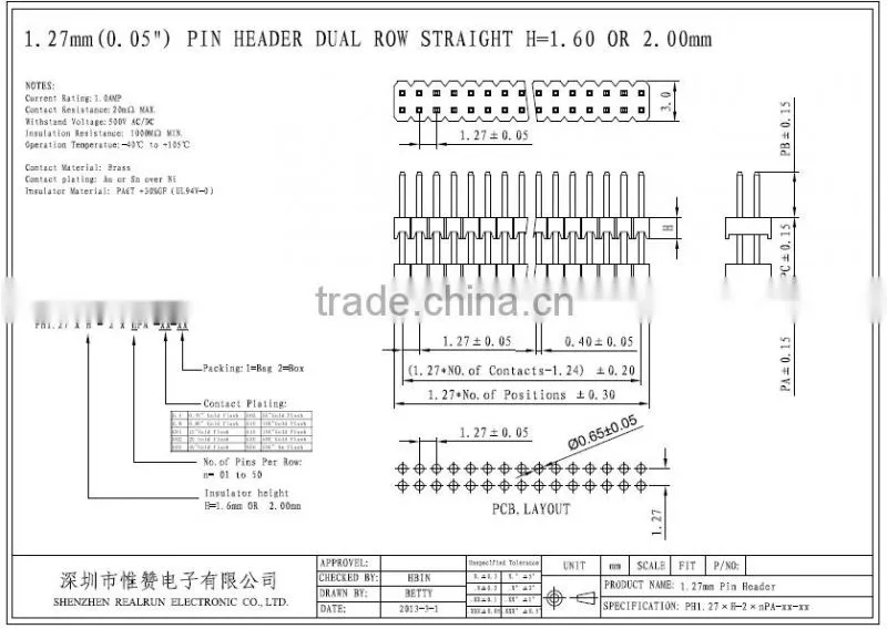 Top Quality 1.27mm Pitch Single/Double Layer Double Row DIP Pin Header Connector