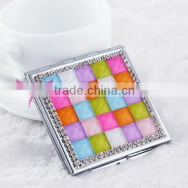 Rainbow color rhinestone double side square cosmetic mirror,makeup double sided square mirror