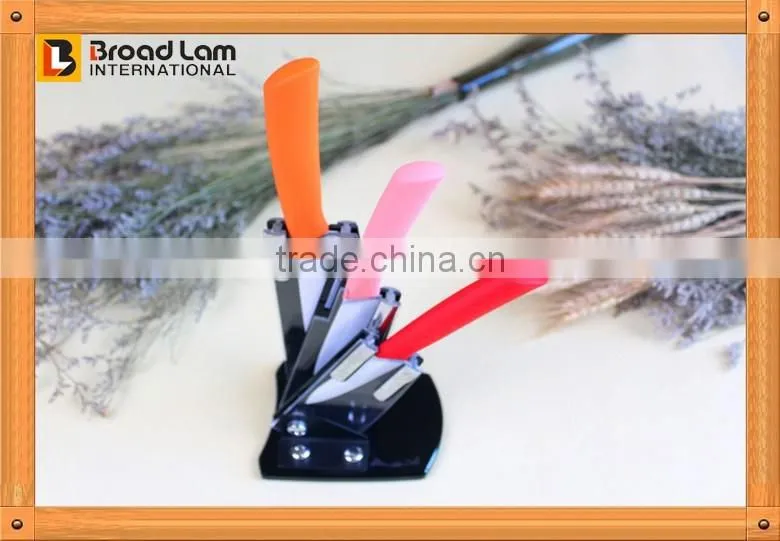 Most Attractive Colorful Handle Ceramic Kitchen Knife Set with Peeler White Blade in Knife Stand