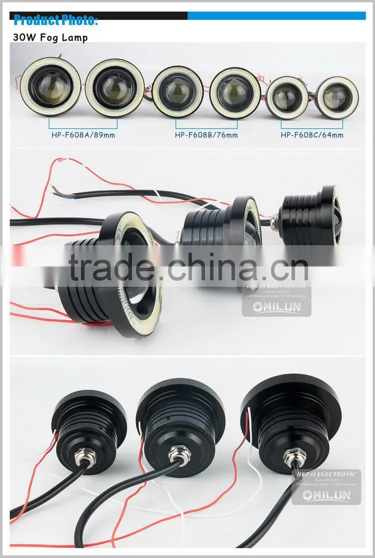 2016 New Design 3inch 76mm 30W LED Fog Angel eyes light with optical glass Lens for most of cars