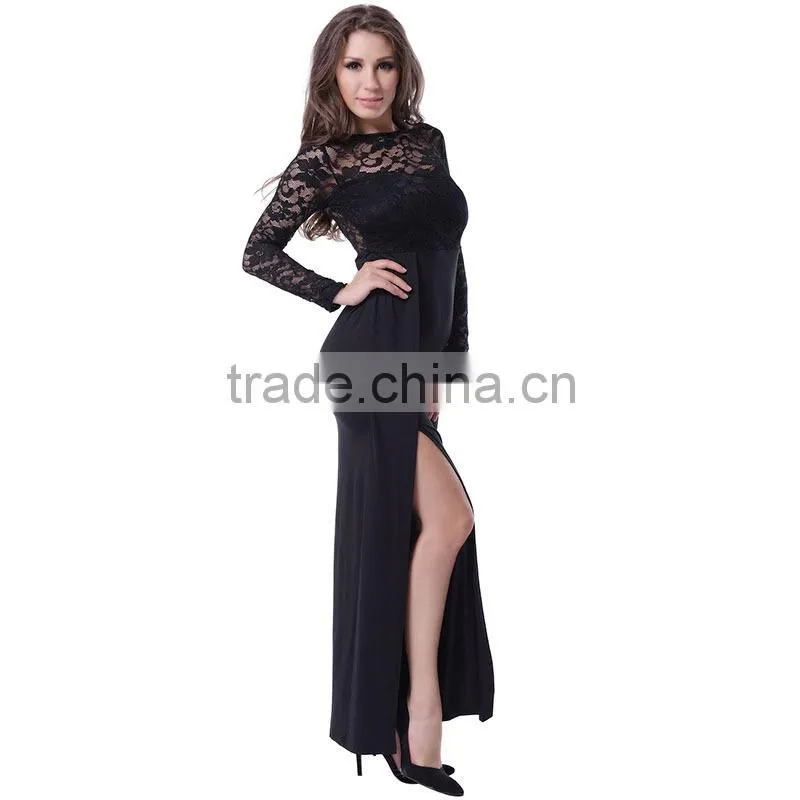 Provide copyright images adult women evening wear strappy full length long black lace dress