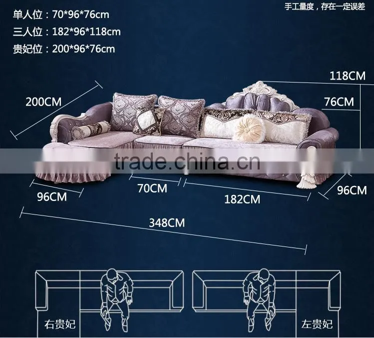 M868 Home Use High Class Living Room Furniture European Classical Wooden Fabric Sofa with Lounge Chaise
