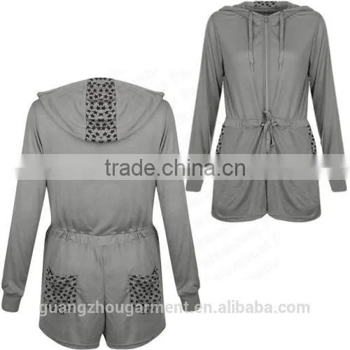 Ladies turquoise full sleeve hooded Zip Up playsuit short jumpsuit for women 2014