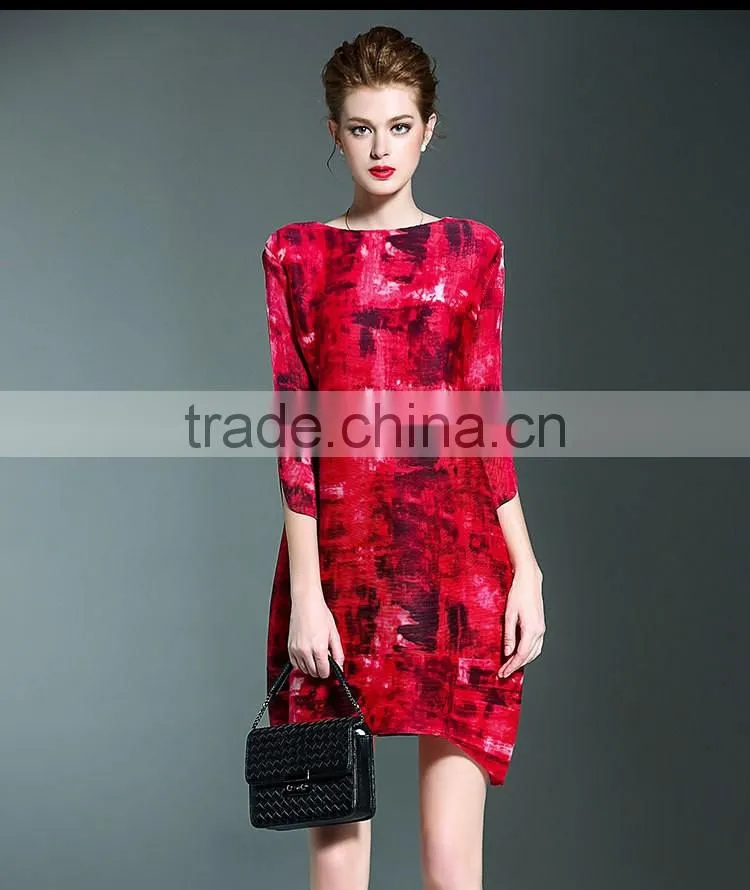 Latest European ladies digital printed gradients wrinkled dresses