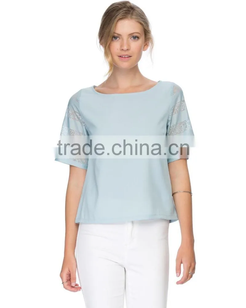 Lace sleeve woven womens tee shirts