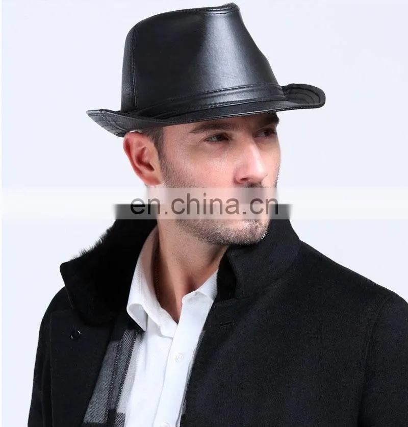 Gentleman fashion leather bucket/fedora cap/ hat in black