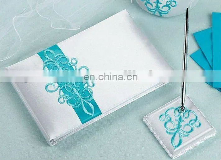 Blue Stain wedding guest book and pen holder set