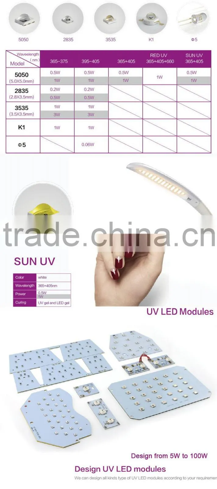 Ultraviolet Light Source SMD 2835 UV LED with 3W and 365nm for Light Curing
