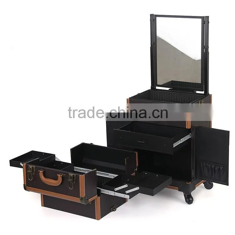 Professional large size rolling cosmetic case trolley 2 in1 makeup case with mirror
