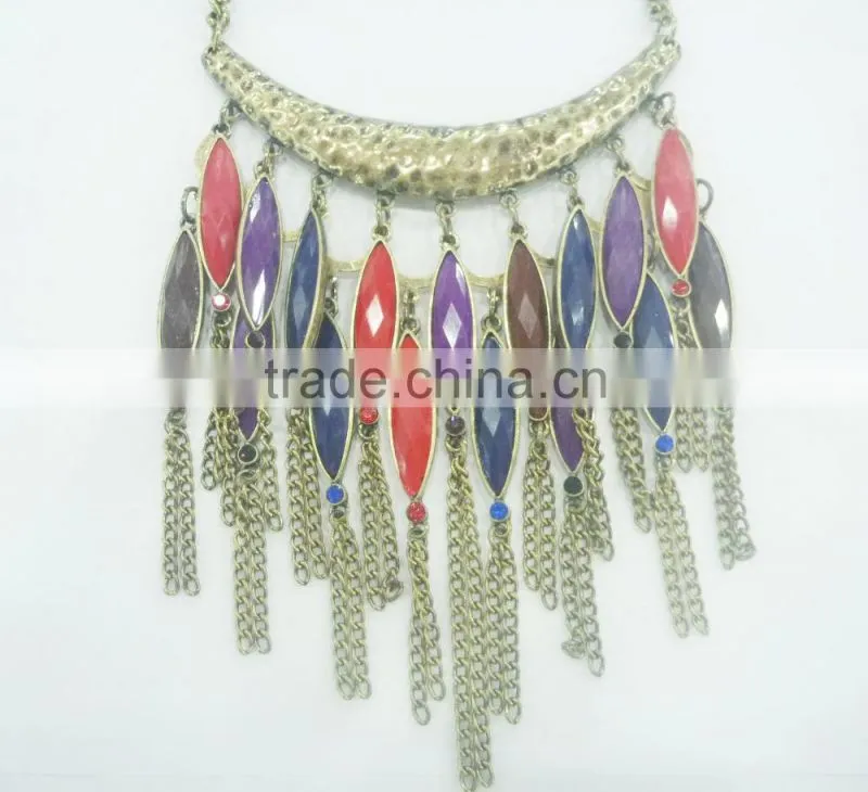 FASHION MULTI COLOR BEADED CHAIN TASSEL STATEMENT NECKLACE