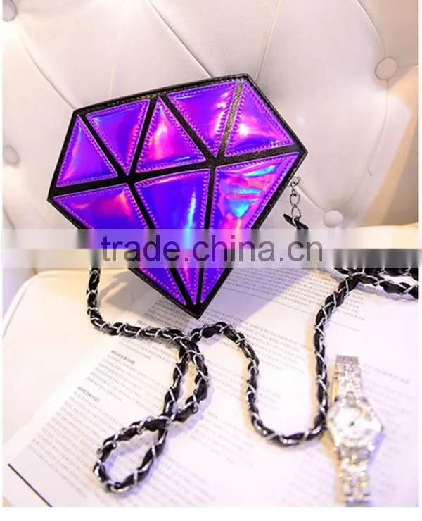 Popular diamond shaped evening bag shining pu chain bag