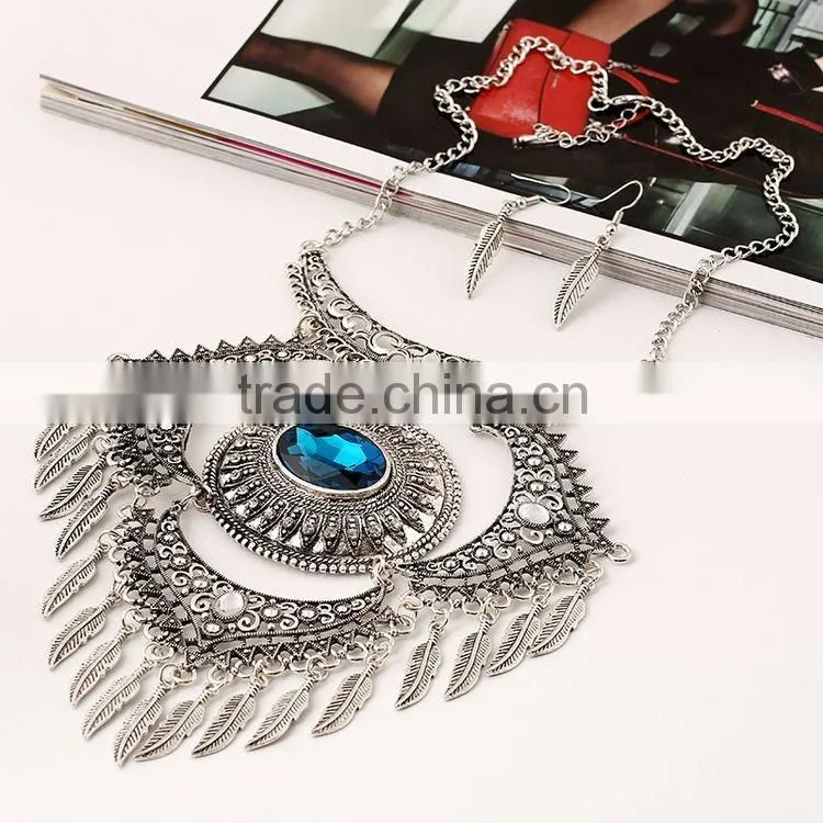 Turkish Jewelry Set Ethnic Antique Silver Choker Necklace With Tassel Leaf Pendant