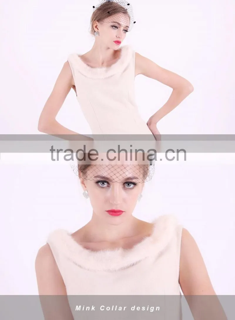 2016 New Design Spring Women Slim Fit Wool Skirt With Mink Collar
