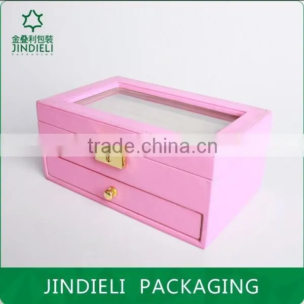 pink beautiful fashion leather wooden drawer jewelry box with pvc window