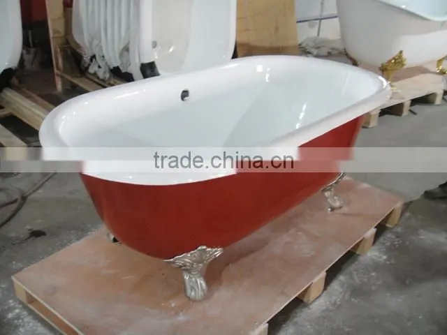 rectangular freestanding cast iron bathtub with wooden cradle