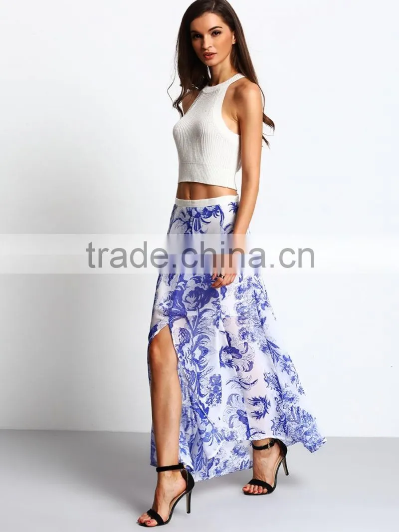 garment factory women print high cutting flowy long maxi skirt 2016