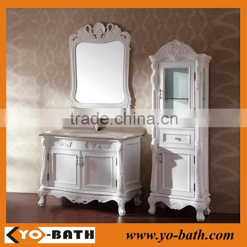 white classic bathroom furniture with marble countertop and big side cabinet