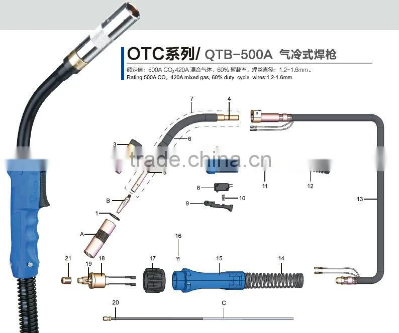 High quality mig mag OTC type north welding torch QTB-500A of ND-500D
