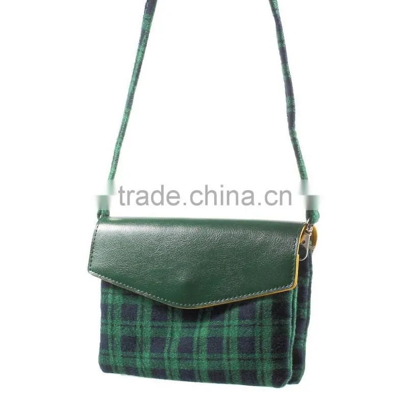 Check Pattern Lint and Leather Hybrid Bag for Smart Phones with Strap Size: 19 x 12cm(L x W)
