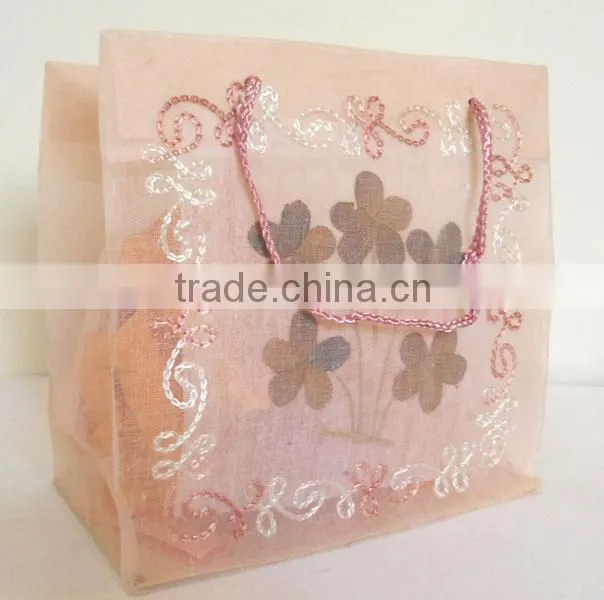 Fine 100% cotton organza bag with natural dry flower work & hand embroidery