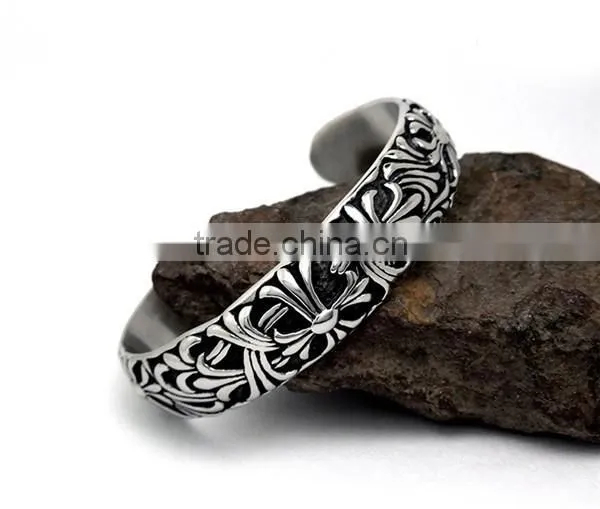 C shape antique silver vintage engraved stainless steel bangles