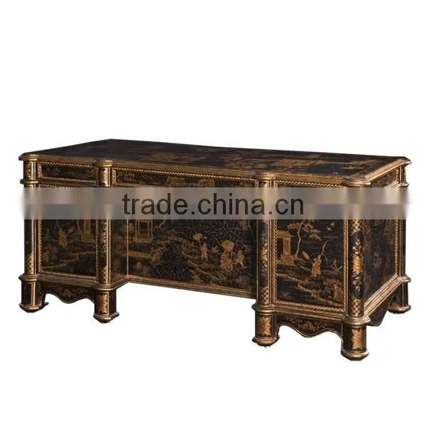 Retro Home Office Furniture, Exquisite Hand Painting Executive Desk With Chair, Classical Wood Carved Writing Table/Showcase