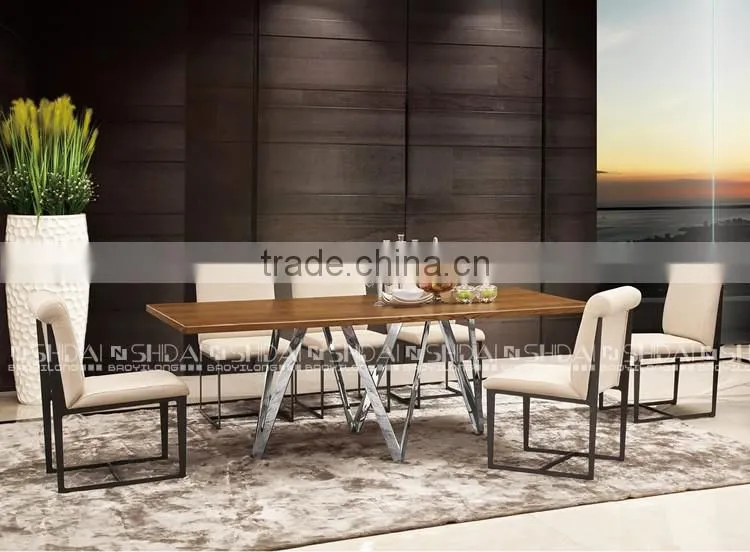 Stainless Steel Base Walnut Veneer Dining Table Modern A-45
