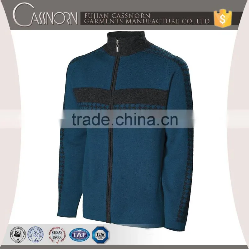 new arrival mock-neck zip-up swallow gird jacquard merino wool sweater men