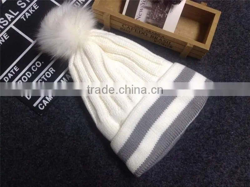 Brand design 2016 Newly Design Women Winter Warm Crochet Knitted Hat Striped Cap Beanie with Faux Fur Ball