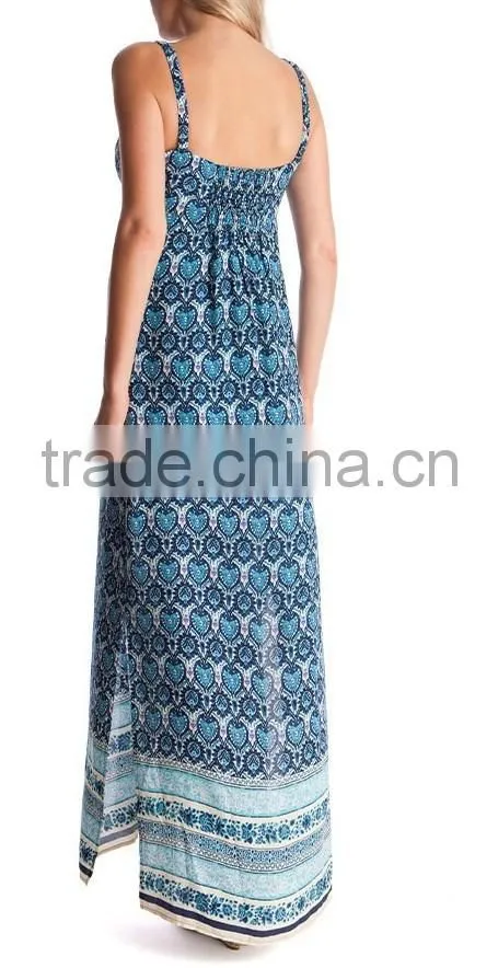 Long Maxi Maternity Dress for Summer 2015 Fashion Spaghetti Straps Side Slits Prints Nursing Dress