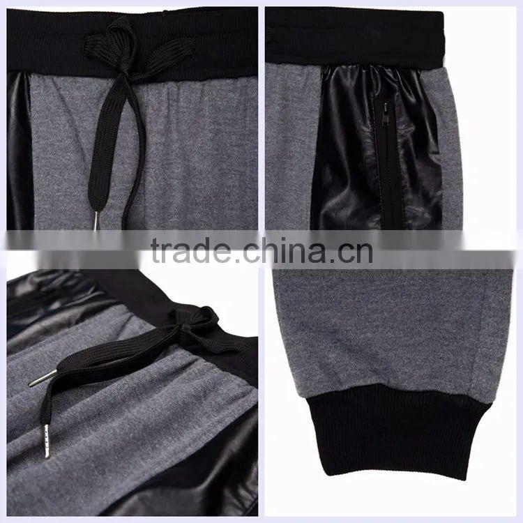 2016 custom new style pu leather patch zipper style elastic waist mens 100% polyester sweat pants