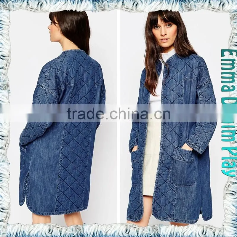 2017 New Designer Women's Diamand Embroidery Winter Long Cotton Denim Bomber Coats