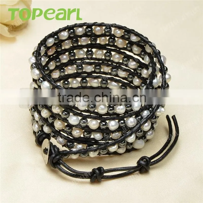 Topearl Jewelry 2016 Popular Freshwater Pearl Hematite Bracelet Woven Leather Wrap Bracelets for Women 33.5 Inches CLL132