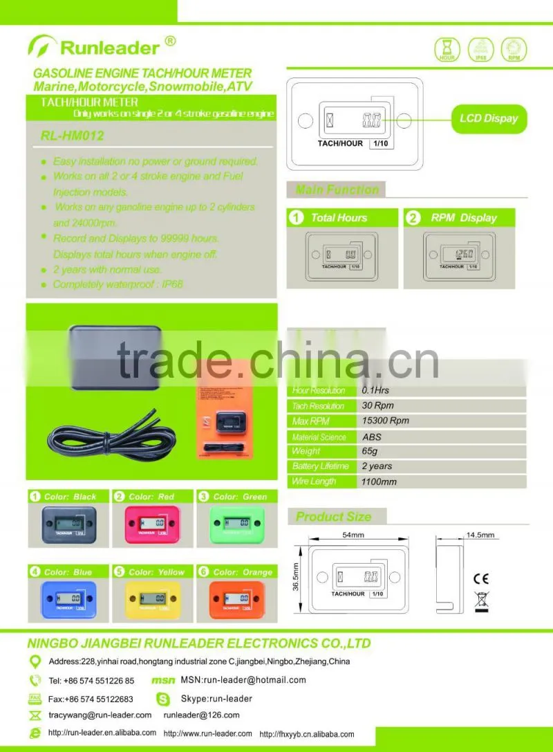 Inductive Racing Hour Meter Tachometer Gasoline Engine Hour Meter