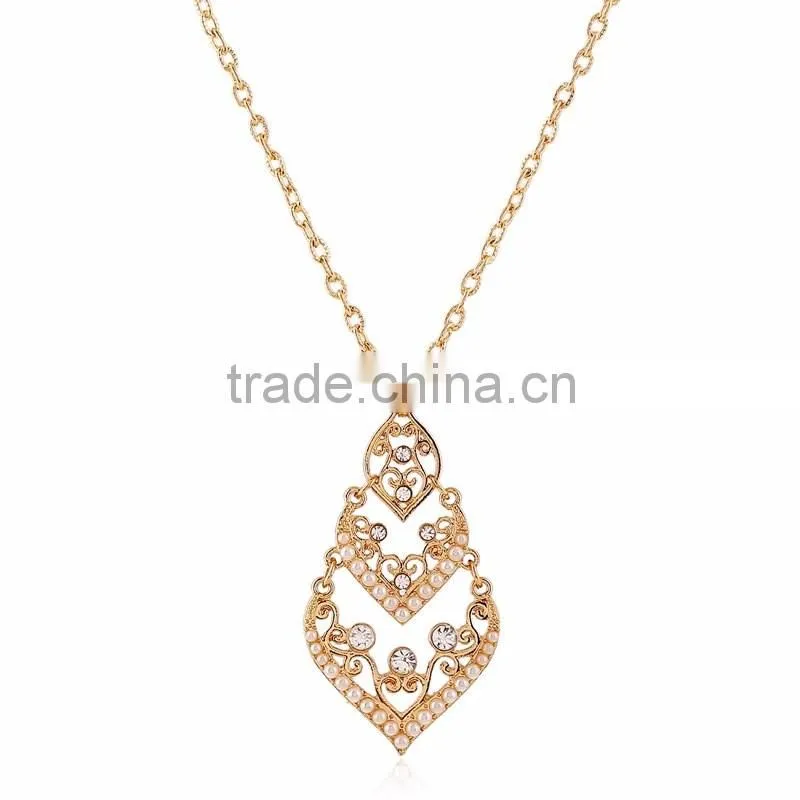 Retro Baroque Fashion Hollow Out Drop Shape Gold Long Thin Chain Pearl Necklace