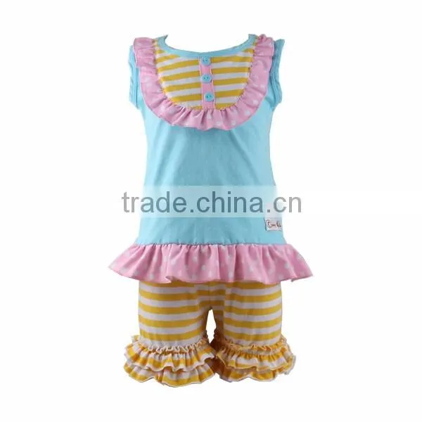 2016 Kaiyo Little Girls Boutique Clothing Summer Kids Aqua Cotton Flutter Tops And Ruffled Shorts Outfits Sets