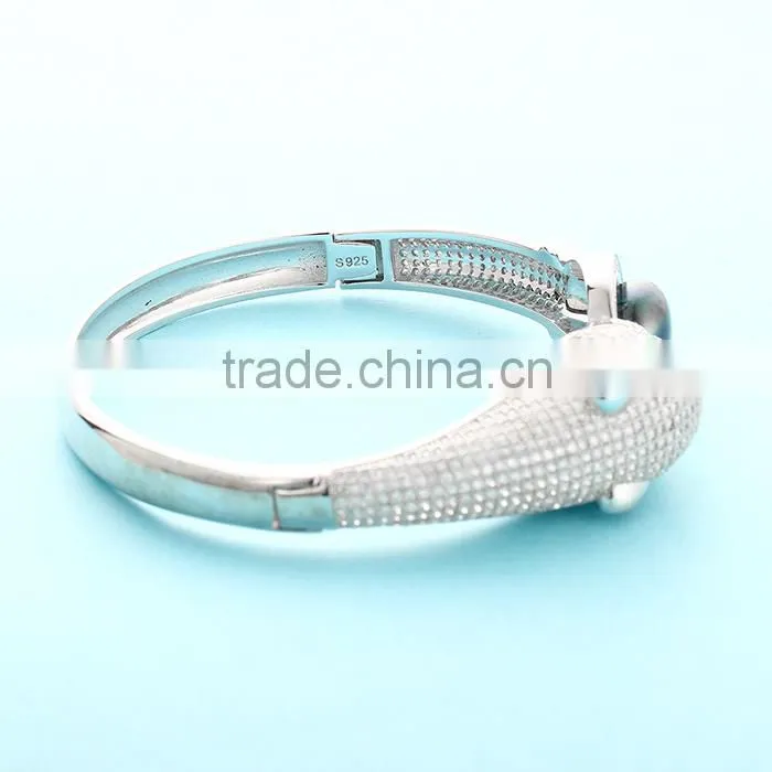 925 Silver Men Lion Head Black Pearl Wholesale Expandable Bangle Bracelet SBG735W