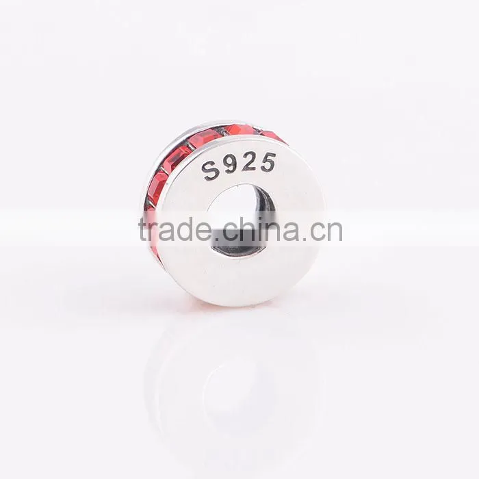 Elegant Red Zircon Stones Surrounding Flat Sterling Silver Charms For Bracelets European Style Silver Beads