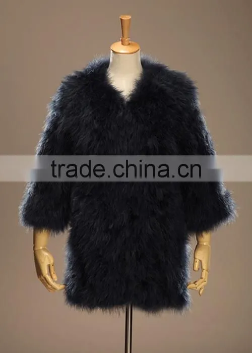Soft simple elegant dark blue turkey fur coat